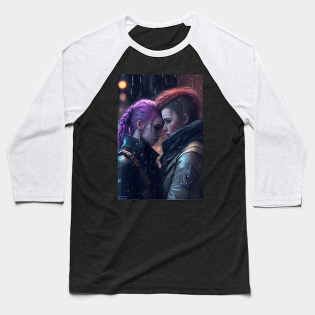 Futuristic Cyberpunk Lesbian Lovers Embrace in Emotional Portrait Baseball T-Shirt by Cyber Punks AI